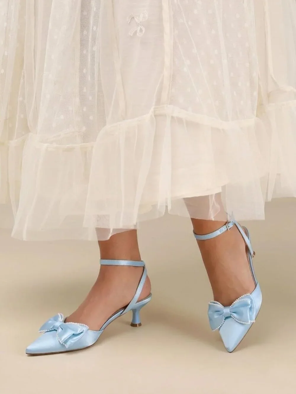 Women's Blue Satin Kitten Low Heels Bow Pearl Closed Pointed Toe Ankle Strap